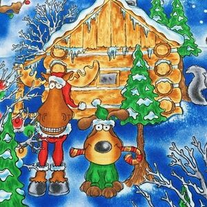 Christmas Fabric Moose Camping Log Cabin 100% Cotton Winter Colourful Fabricland